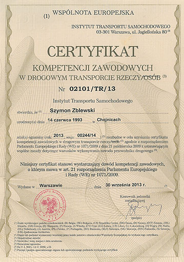Certyfikat kompetencji zawodowych