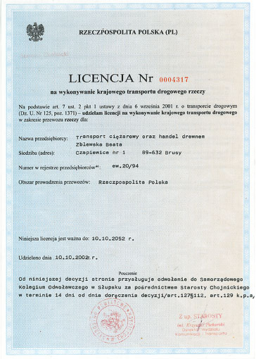 Licencja na transport krajowy